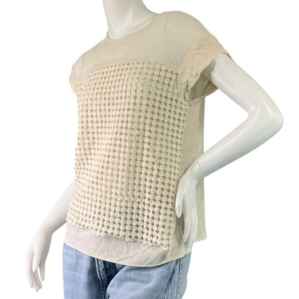 Purification Garcia Cream Mesh Crochet Short Sleeve Top $198 Size Small